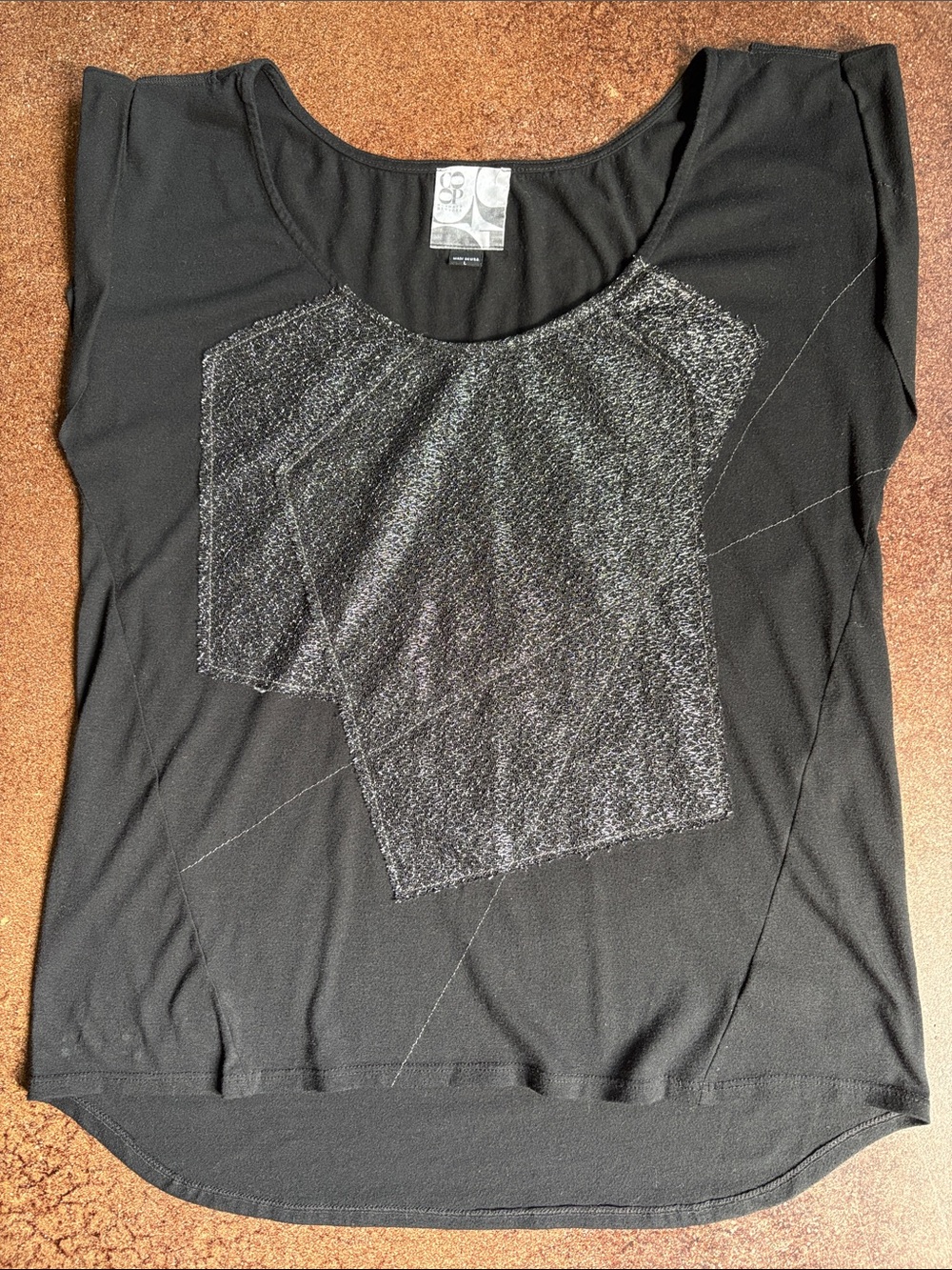 Barneys New York Co-op Black Short Sleeve Top with Metallic Silver Panels